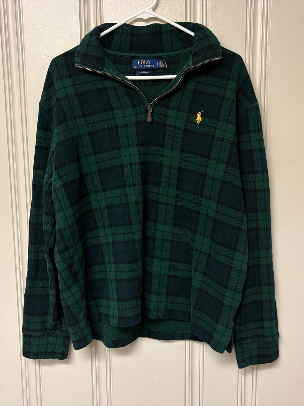 Polo Ralph Lauren Estate Rib Plaid Quarter Zip Pullover Men’s Large Green Navy